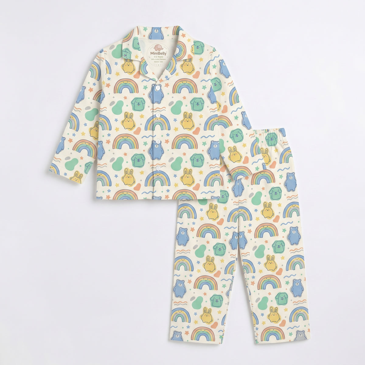 MiniBelly kids' night suit with cute animal faces and rainbow pattern in soft 100% cotton for ages 0-2 years.