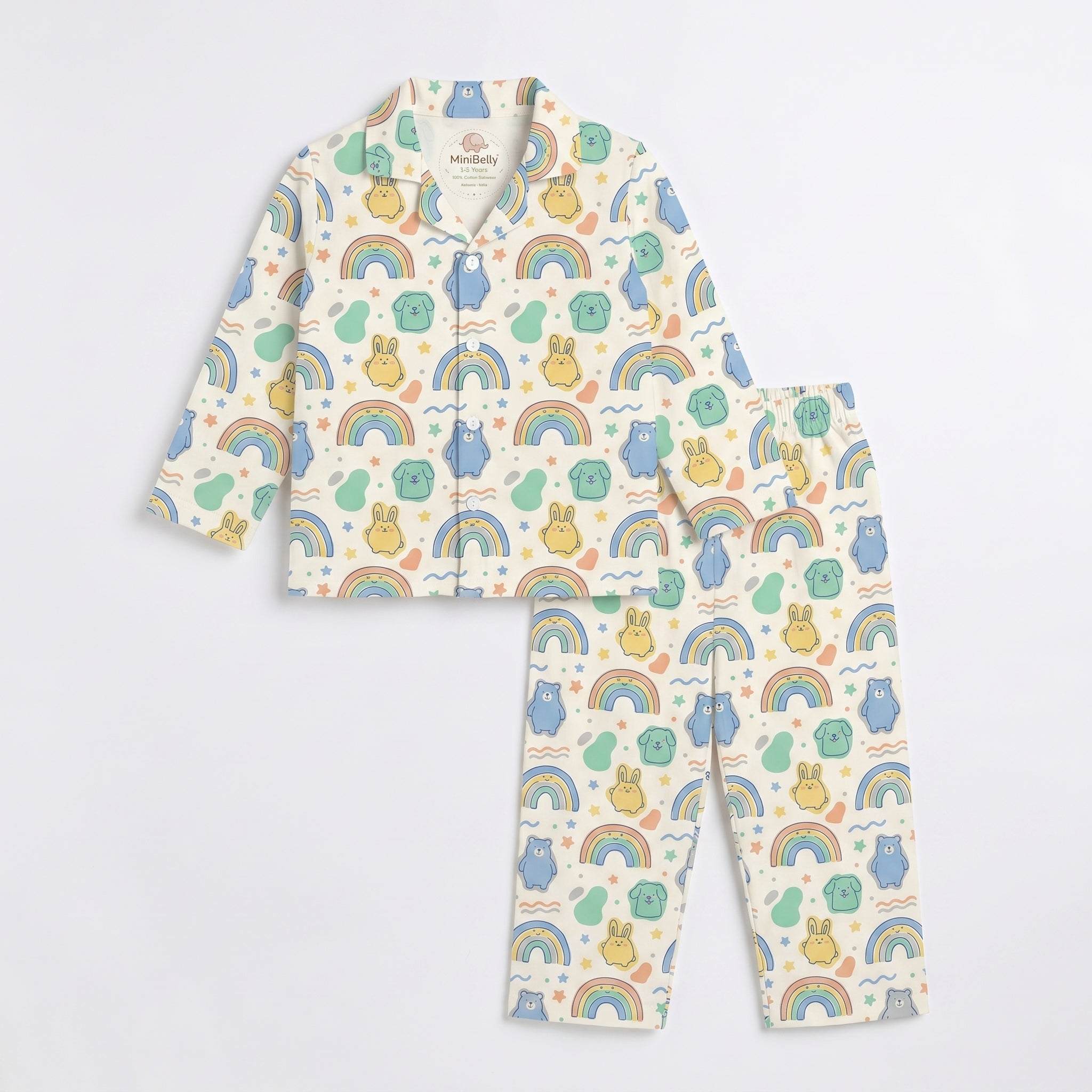 MiniBelly kids' night suit with cute animal faces and rainbow pattern in soft 100% cotton for ages 0-2 years.