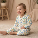 MiniBelly kids' night suit with cute animal faces and rainbows in soft cotton, featuring a striped pattern for ages 0-2 years.