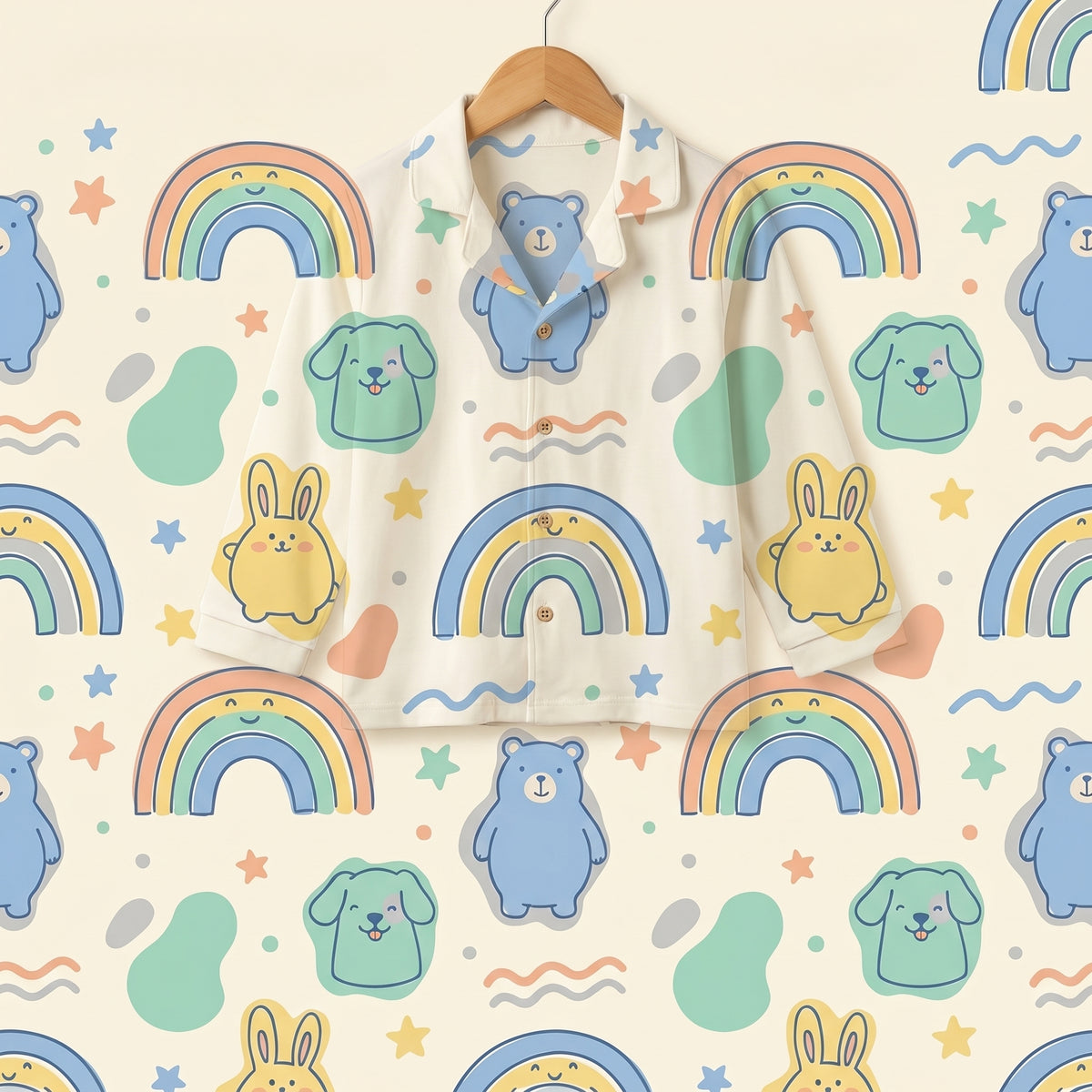 MiniBelly kids' night suit with cute animal faces and rainbows pattern in soft 100% cotton for ages 0-2 years.