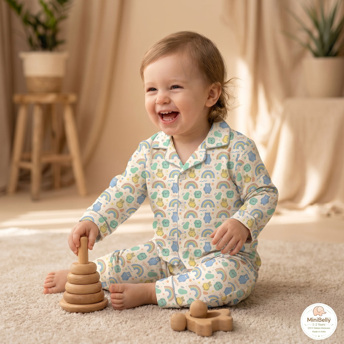 MiniBelly kids' night suit with cute animal faces and rainbow pattern, made of soft 100% cotton for babies aged 0-2 years.