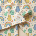 MiniBelly kids' night suit with cute animal faces and rainbow pattern, made from soft 100% cotton, cream-colored design for infants.
