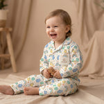 MiniBelly kids night suit with cute animal faces, rainbows, and soft striped 100% cotton fabric for ages 0-2 years.
