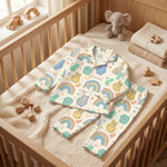 MiniBelly kids' night suit with cute animal faces and rainbow pattern, made of soft 100% cotton for babies aged 0-2 years.