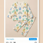 MiniBelly kids' night suit with cute animal faces and rainbows, made of soft 100% cotton in cream with stripe pattern for ages 0-2 years.