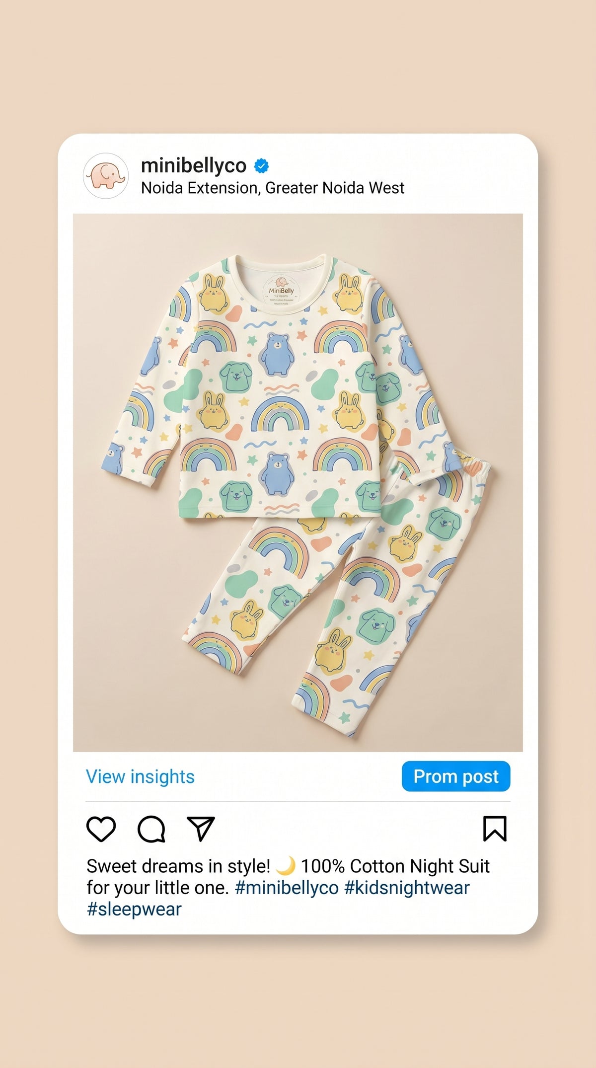 MiniBelly kids' night suit with cute animal faces and rainbows, made of soft 100% cotton in cream with stripe pattern for ages 0-2 years.