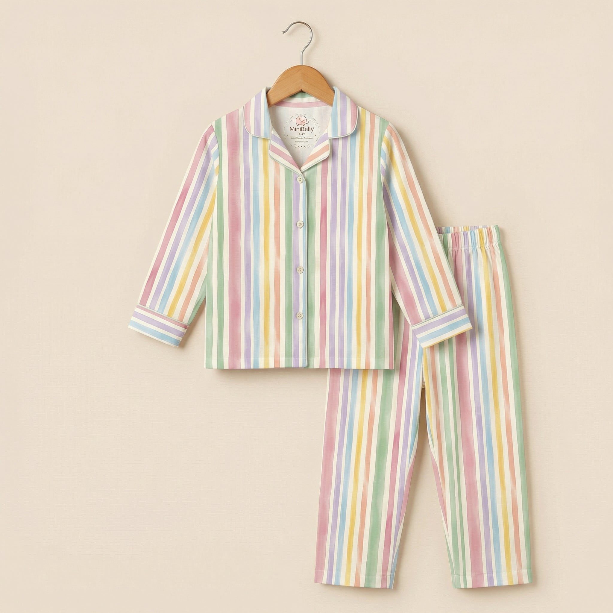 MiniBelly Night Suit Soft pastel watercolor vertical stripes on cream background 100% Cotton - minibelly