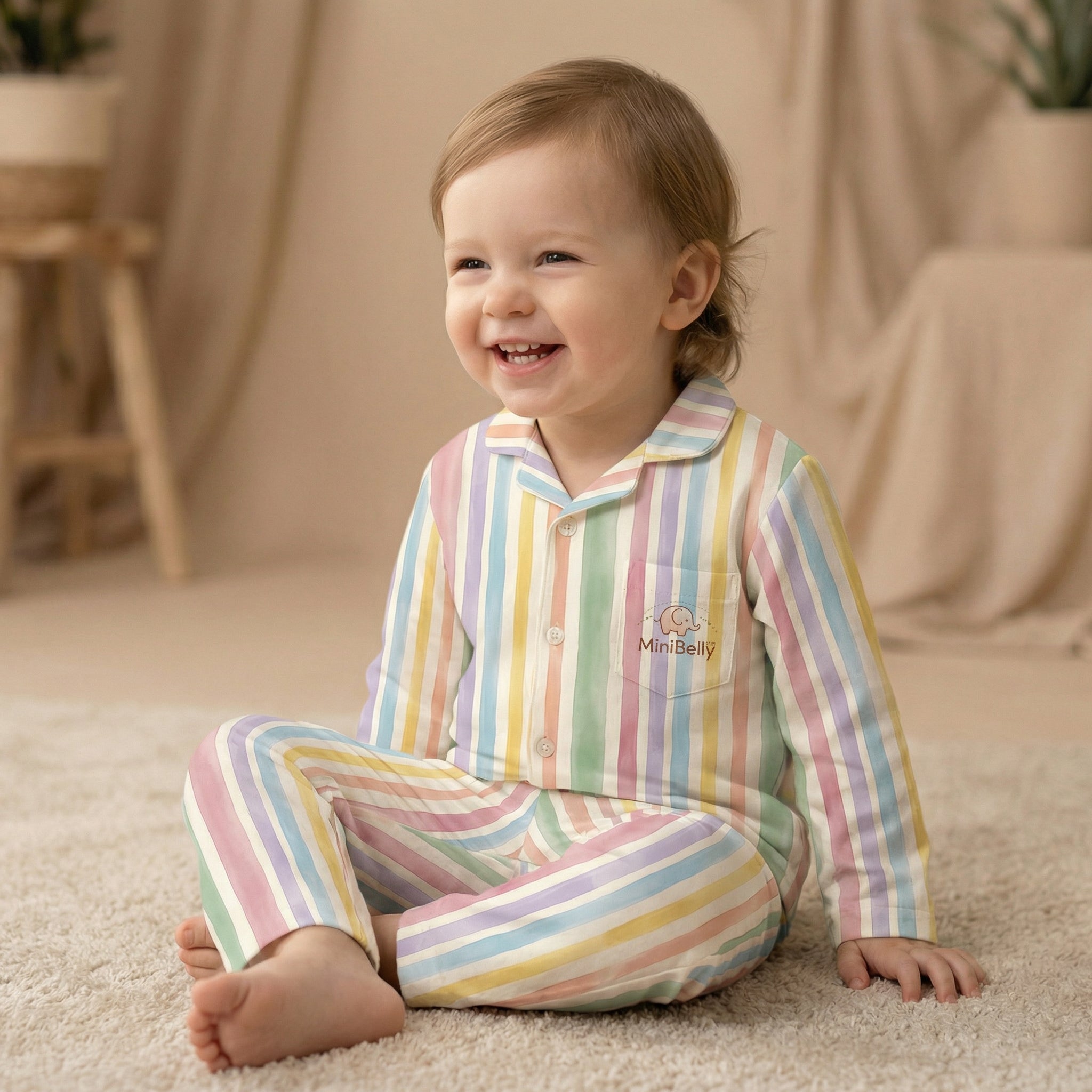 MiniBelly Night Suit Soft pastel watercolor vertical stripes on cream background 100% Cotton - minibelly