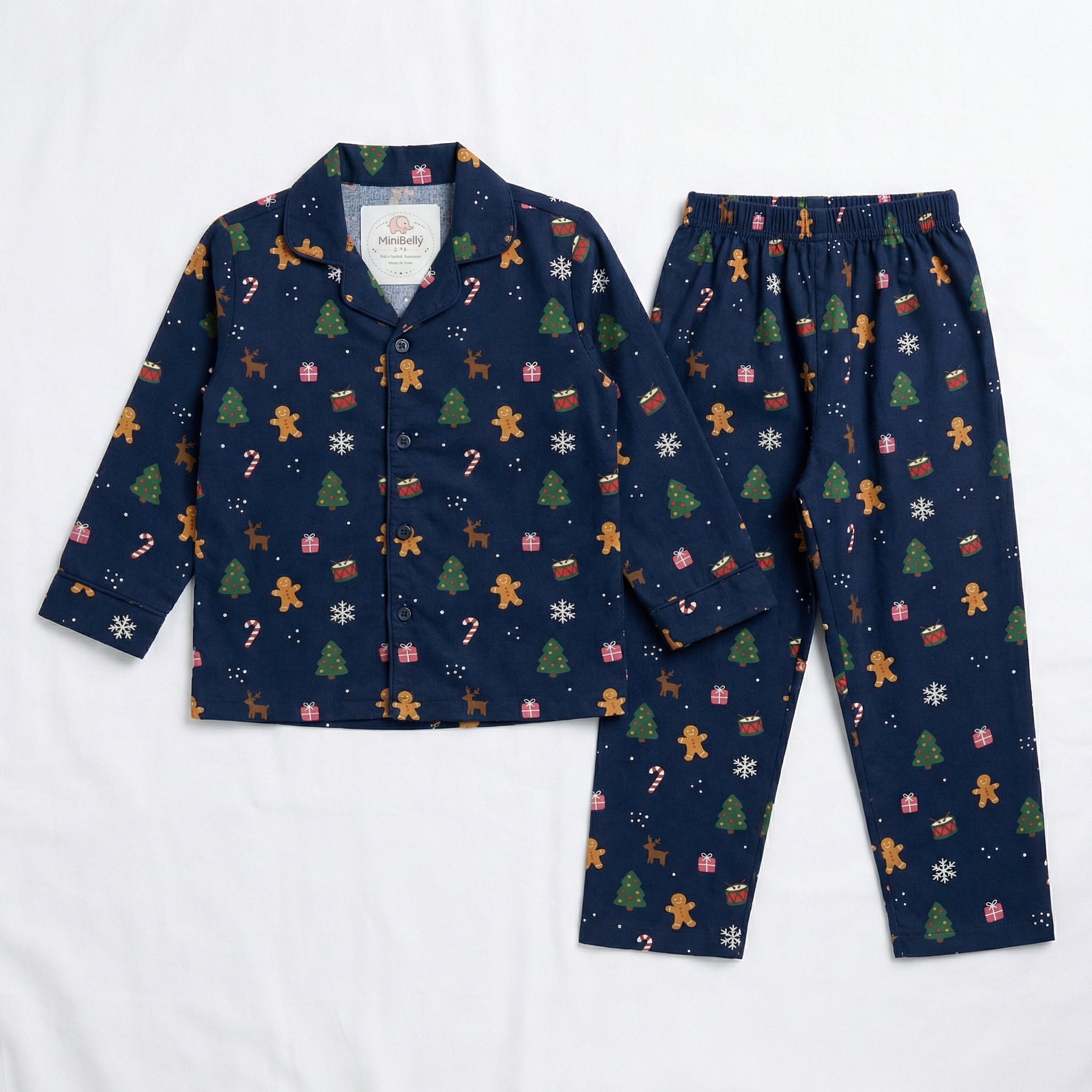 MiniBelly Night Suit Festive Christmas holiday pattern with trees, gingerbread men, and reindeer 100% Cotton - minibelly