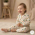 MiniBelly Night Suit Festive Christmas holiday pattern with trees, gingerbread men, and reindeer 100% Cotton - minibelly