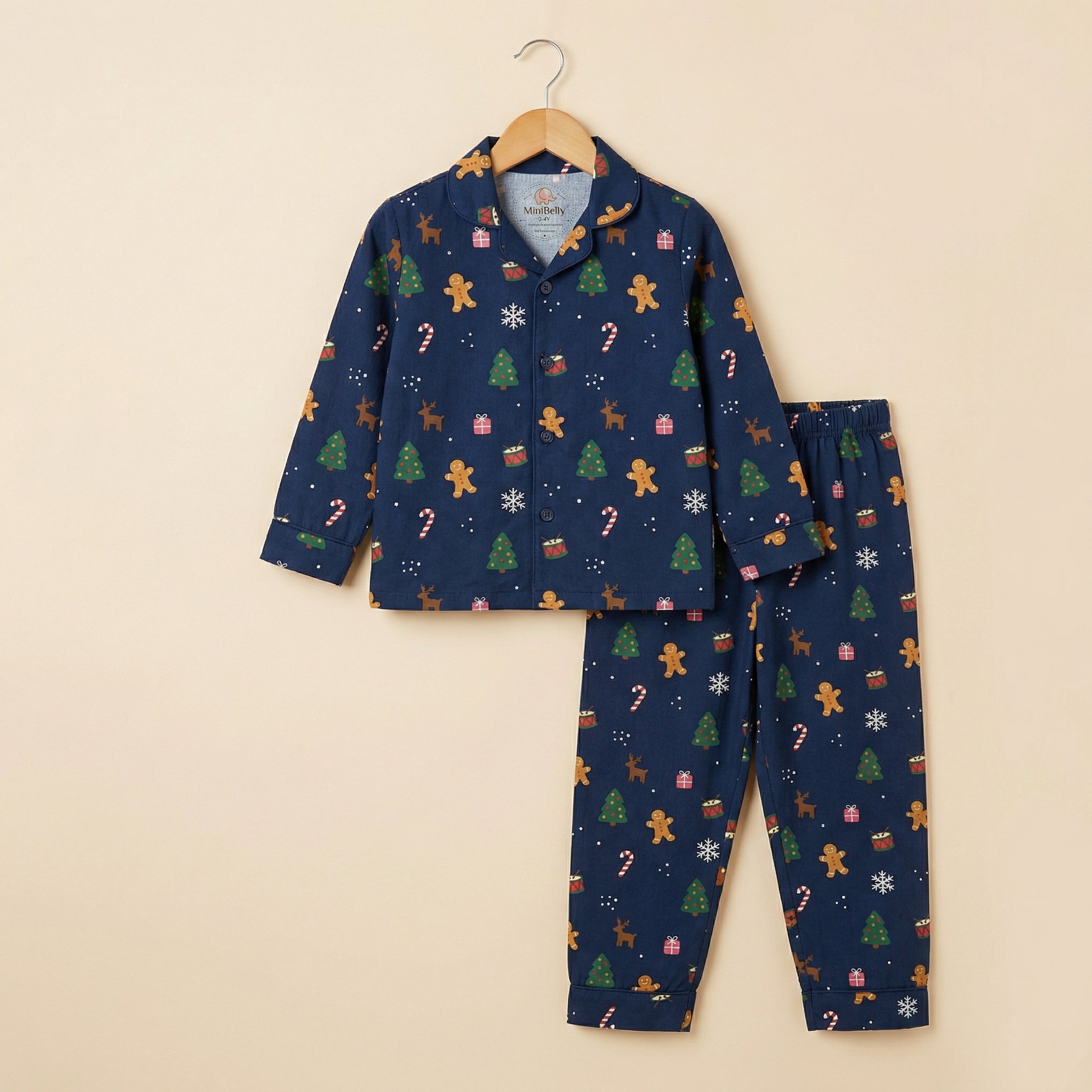 MiniBelly Night Suit Festive Christmas holiday pattern with trees, gingerbread men, and reindeer 100% Cotton - minibelly