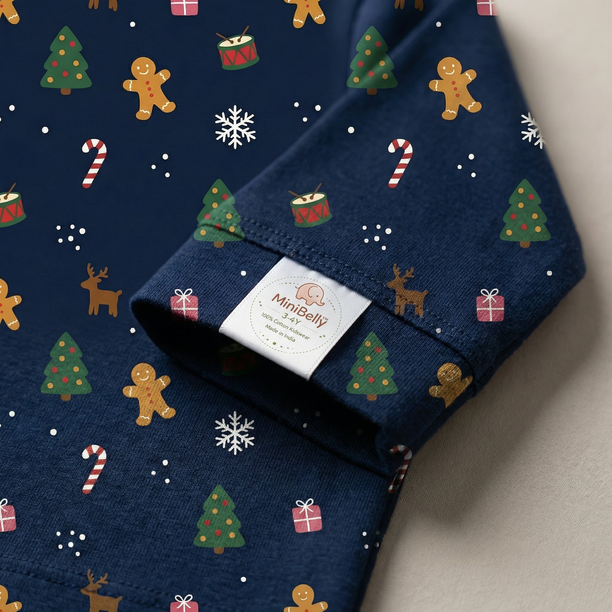 MiniBelly Night Suit Festive Christmas holiday pattern with trees, gingerbread men, and reindeer 100% Cotton - minibelly