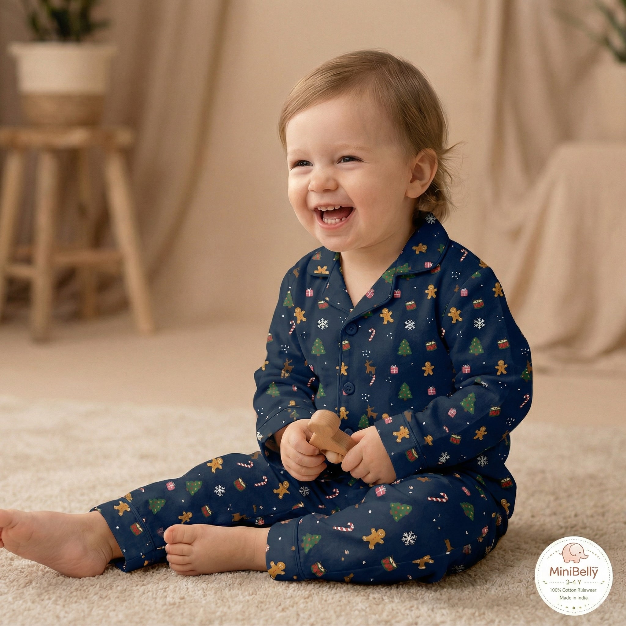 MiniBelly Night Suit Festive Christmas holiday pattern with trees, gingerbread men, and reindeer 100% Cotton - minibelly