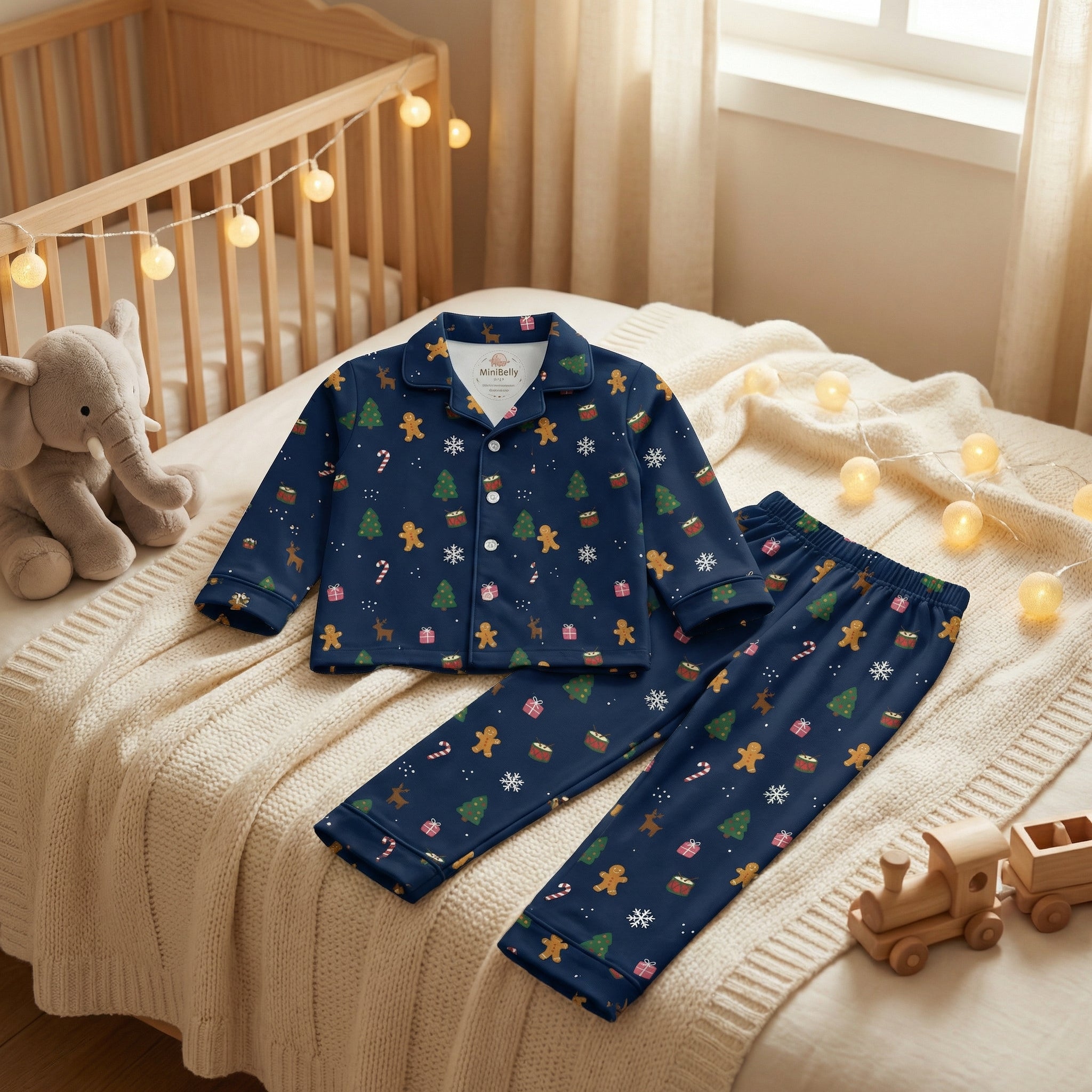 MiniBelly Night Suit Festive Christmas holiday pattern with trees, gingerbread men, and reindeer 100% Cotton - minibelly