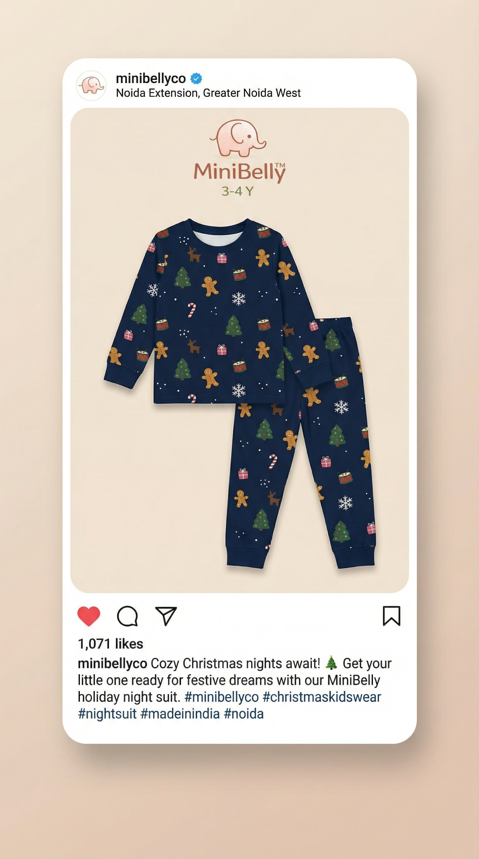 MiniBelly Night Suit Festive Christmas holiday pattern with trees, gingerbread men, and reindeer 100% Cotton - minibelly