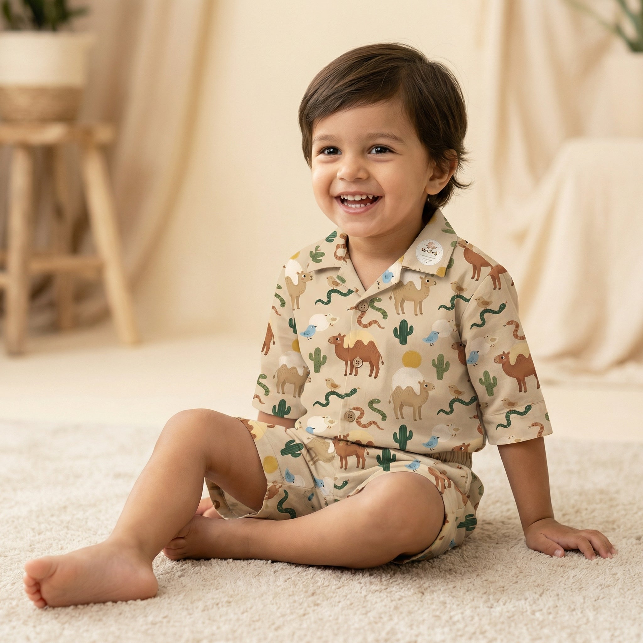 MiniBelly Night Suit Whimsical desert pattern featuring camels, snakes, birds, and cacti 100% Cotton - minibelly