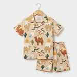 MiniBelly Night Suit Whimsical desert pattern featuring camels, snakes, birds, and cacti 100% Cotton - minibelly
