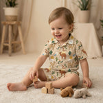 MiniBelly Night Suit Whimsical desert pattern featuring camels, snakes, birds, and cacti 100% Cotton - minibelly