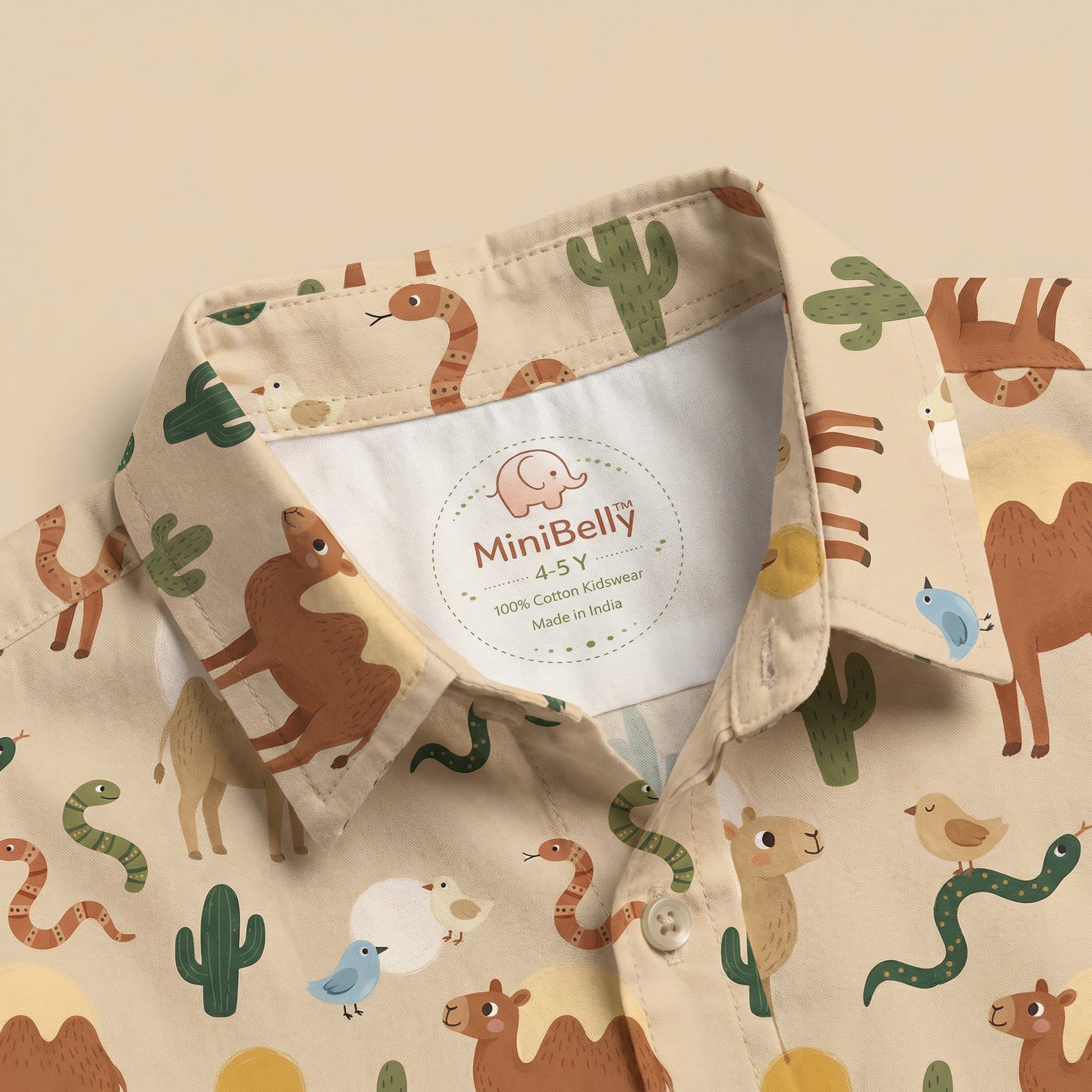 MiniBelly Night Suit Whimsical desert pattern featuring camels, snakes, birds, and cacti 100% Cotton - minibelly