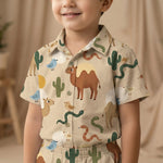 MiniBelly Night Suit Whimsical desert pattern featuring camels, snakes, birds, and cacti 100% Cotton - minibelly