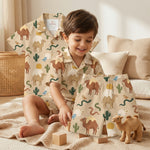MiniBelly Night Suit Whimsical desert pattern featuring camels, snakes, birds, and cacti 100% Cotton - minibelly