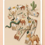 MiniBelly Night Suit Whimsical desert pattern featuring camels, snakes, birds, and cacti 100% Cotton - minibelly