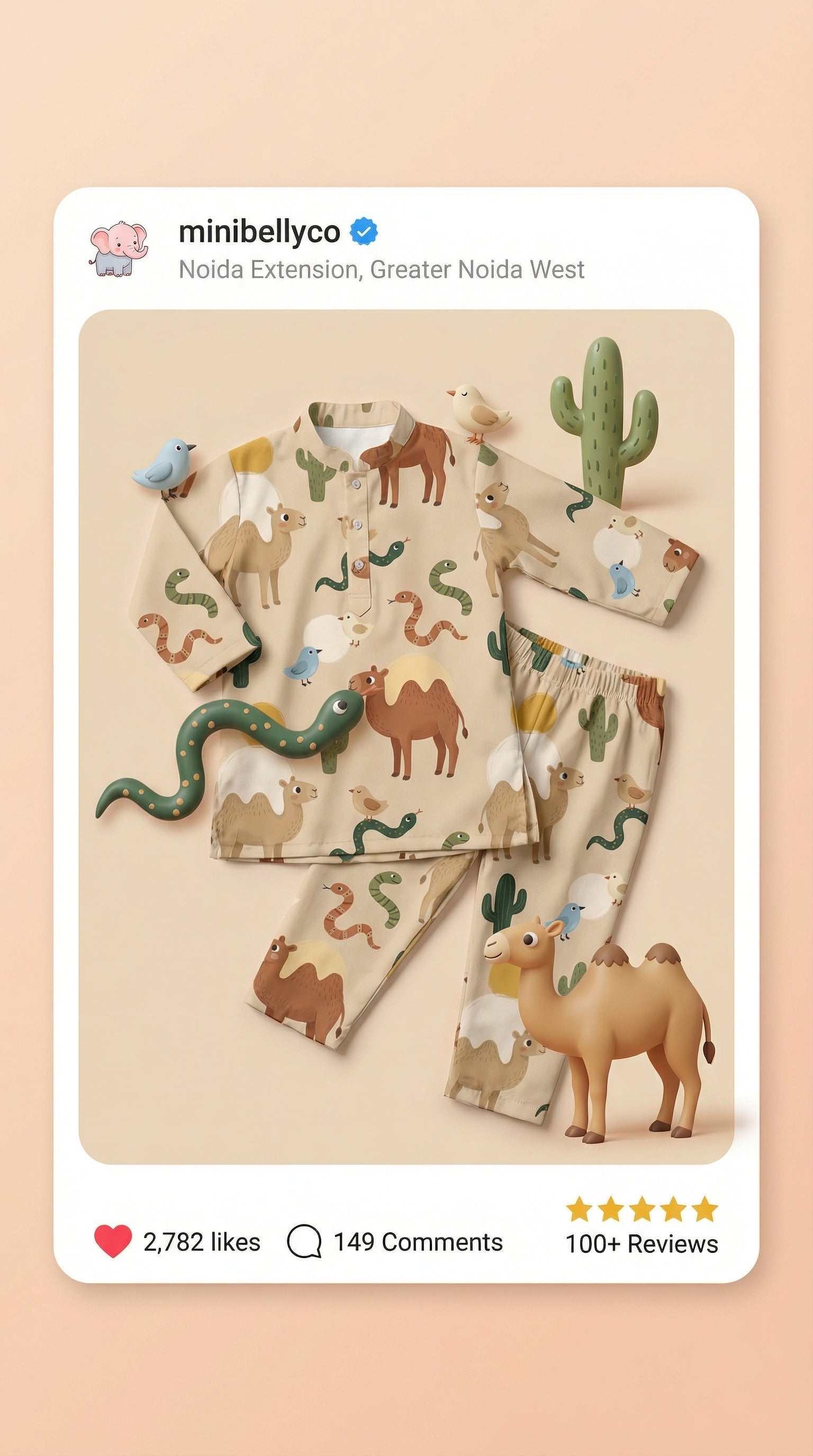 MiniBelly Night Suit Whimsical desert pattern featuring camels, snakes, birds, and cacti 100% Cotton - minibelly