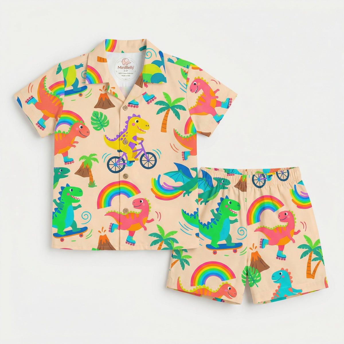 MiniBelly Night Suit Cute colorful dinosaurs riding vehicles with rainbows and tropical elements 100% Cotton - minibelly
