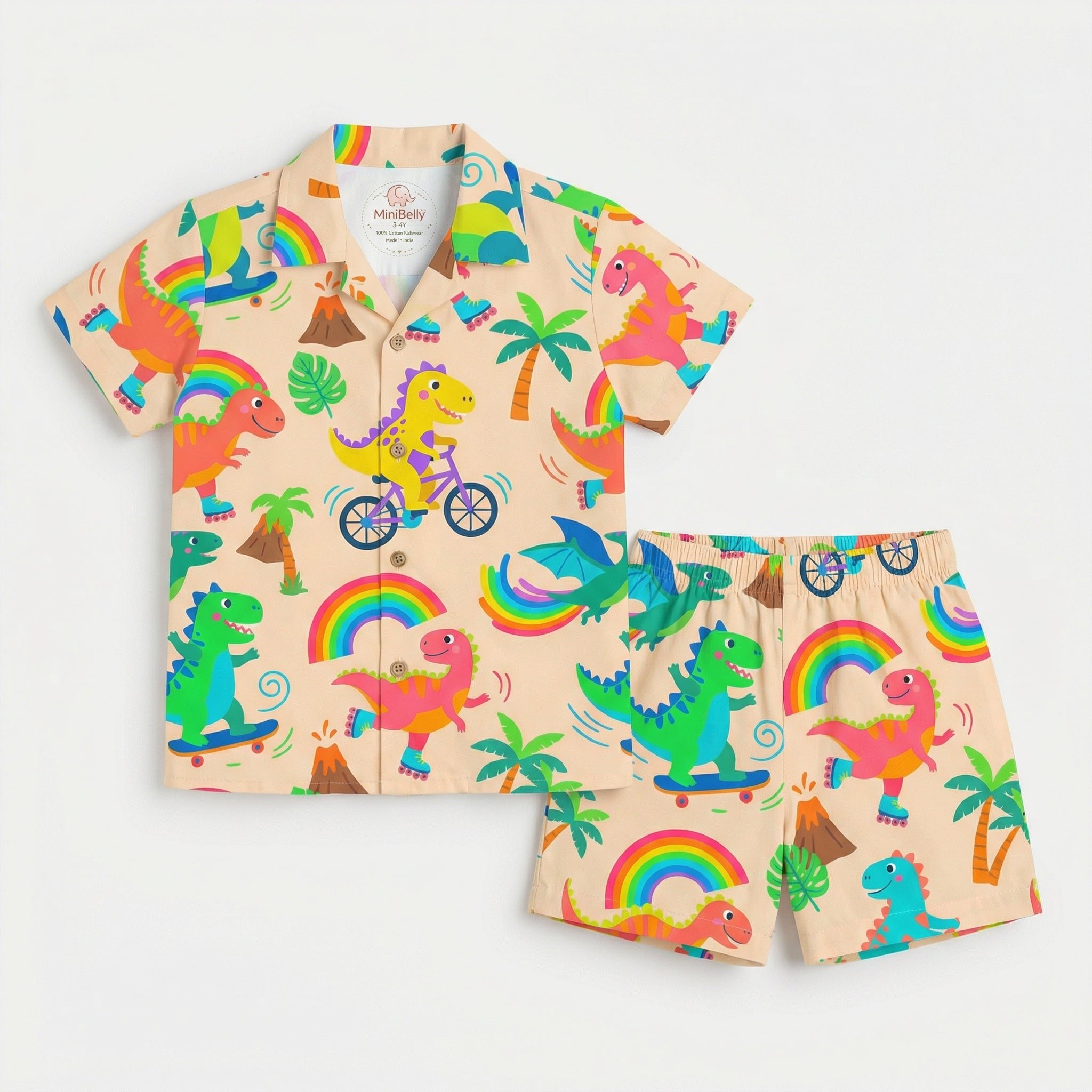 MiniBelly Night Suit Cute colorful dinosaurs riding vehicles with rainbows and tropical elements 100% Cotton - minibelly