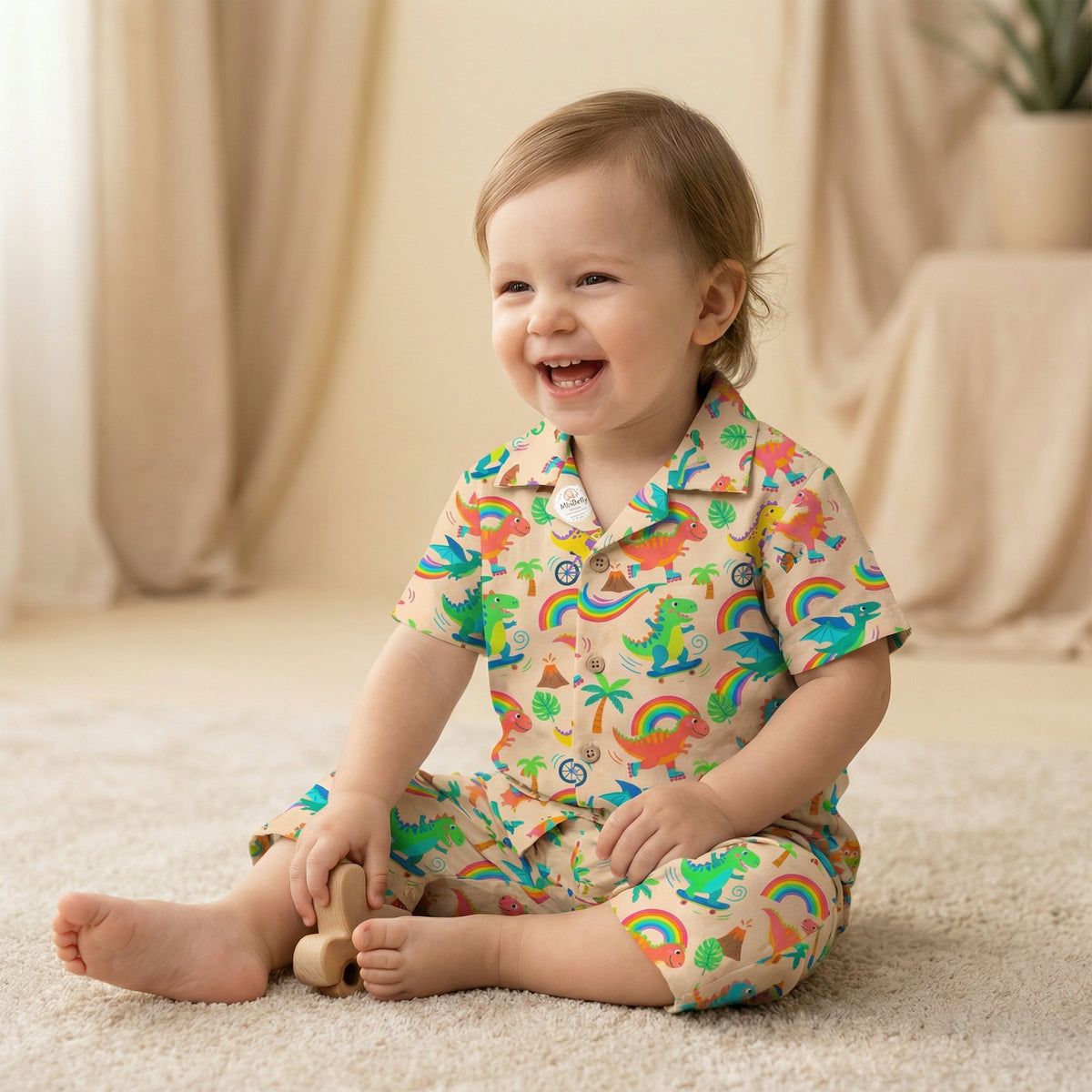 MiniBelly Night Suit Cute colorful dinosaurs riding vehicles with rainbows and tropical elements 100% Cotton - minibelly