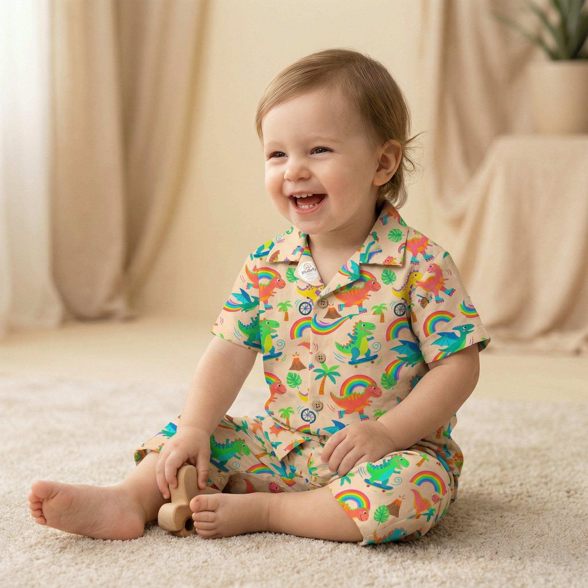 MiniBelly Night Suit Cute colorful dinosaurs riding vehicles with rainbows and tropical elements 100% Cotton - minibelly