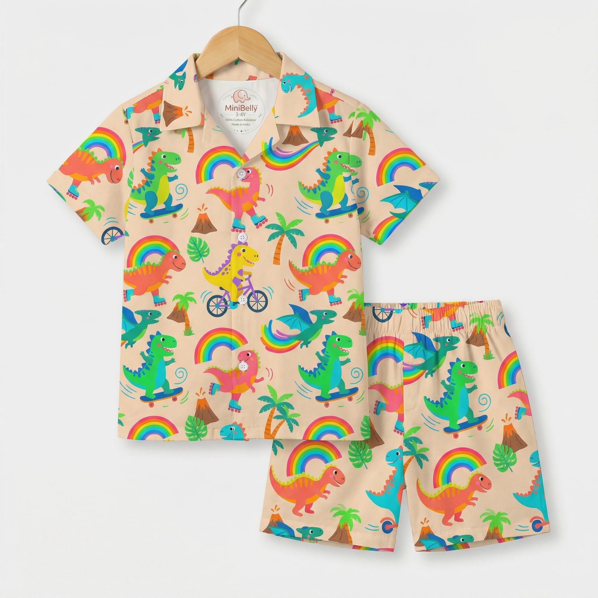 MiniBelly Night Suit Cute colorful dinosaurs riding vehicles with rainbows and tropical elements 100% Cotton - minibelly