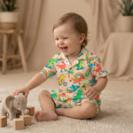 MiniBelly Night Suit Cute colorful dinosaurs riding vehicles with rainbows and tropical elements 100% Cotton - minibelly