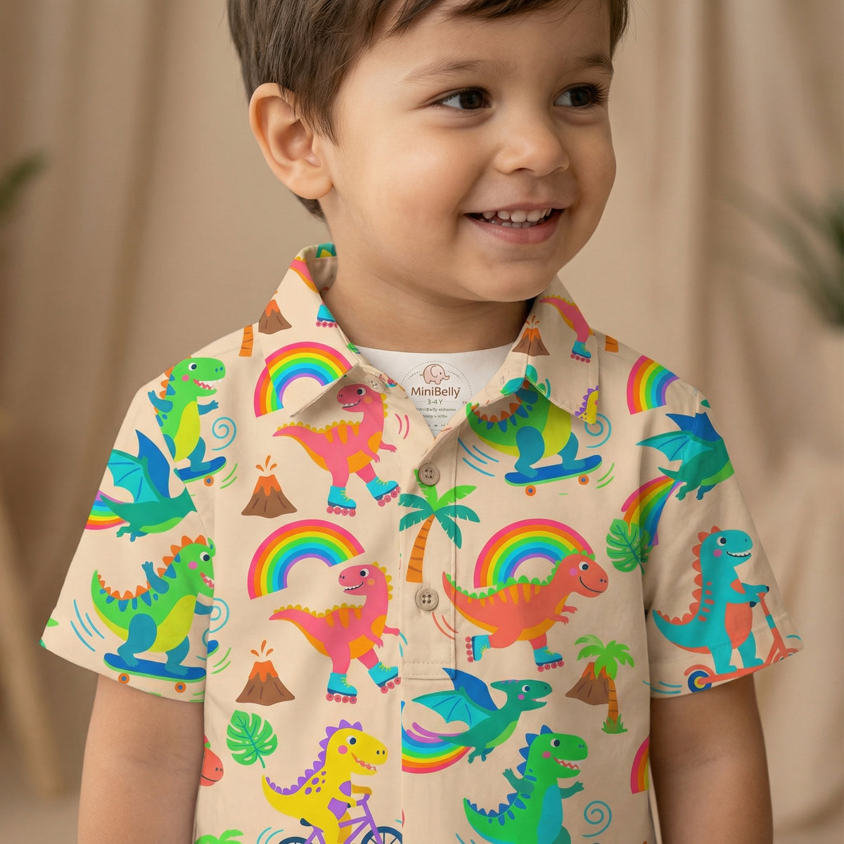 MiniBelly Night Suit Cute colorful dinosaurs riding vehicles with rainbows and tropical elements 100% Cotton - minibelly