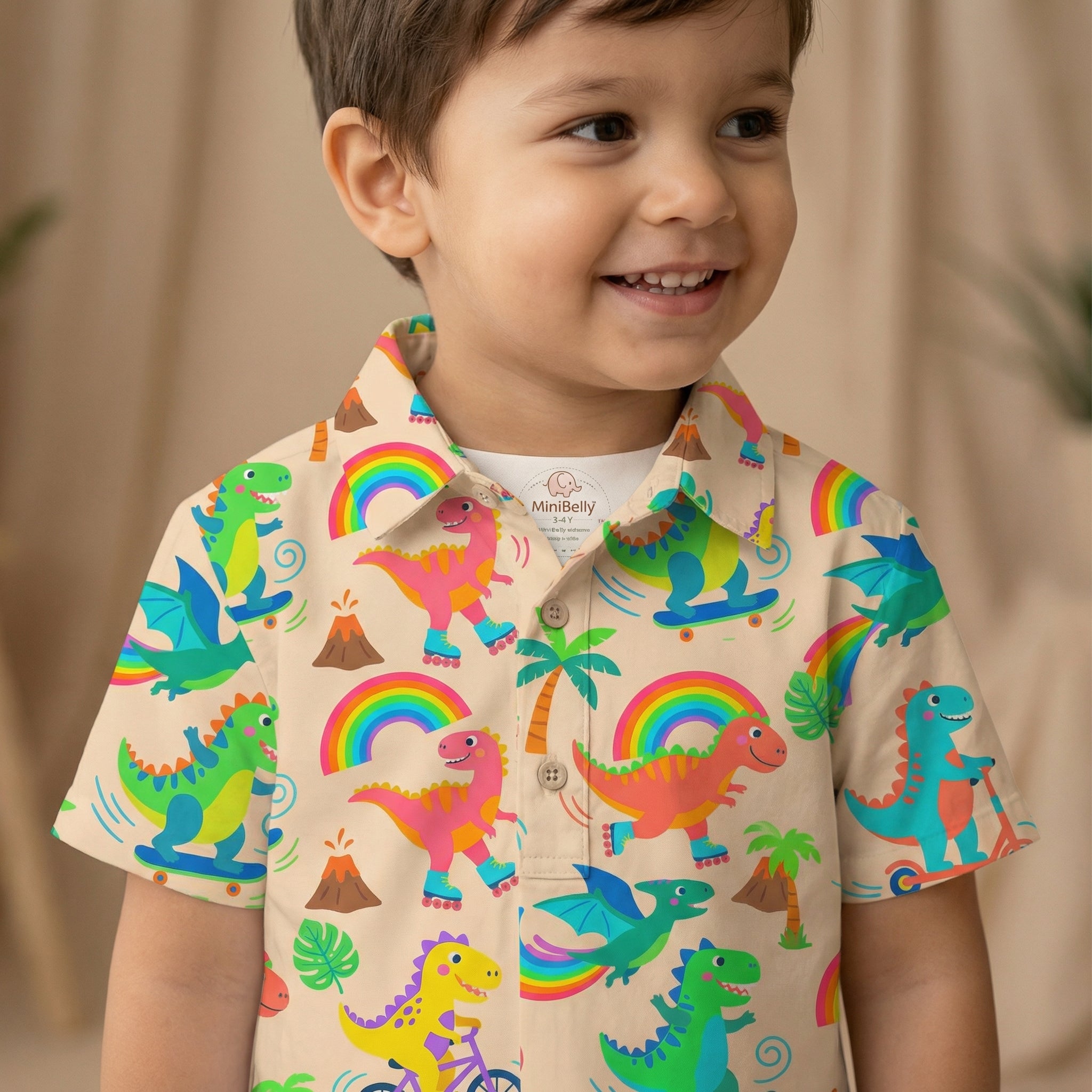 MiniBelly Night Suit Cute colorful dinosaurs riding vehicles with rainbows and tropical elements 100% Cotton - minibelly