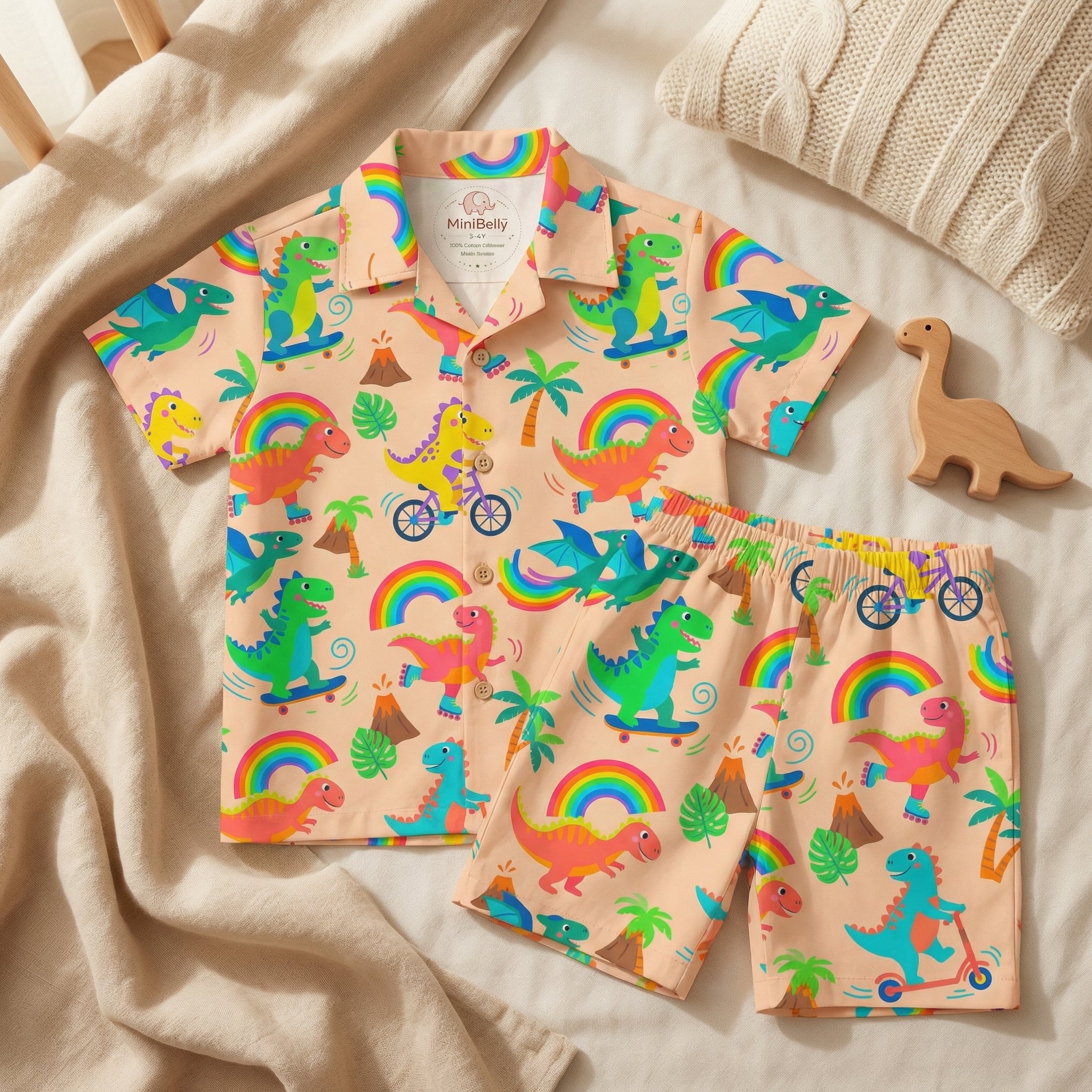 MiniBelly Night Suit Cute colorful dinosaurs riding vehicles with rainbows and tropical elements 100% Cotton - minibelly
