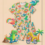 MiniBelly Night Suit Cute colorful dinosaurs riding vehicles with rainbows and tropical elements 100% Cotton - minibelly