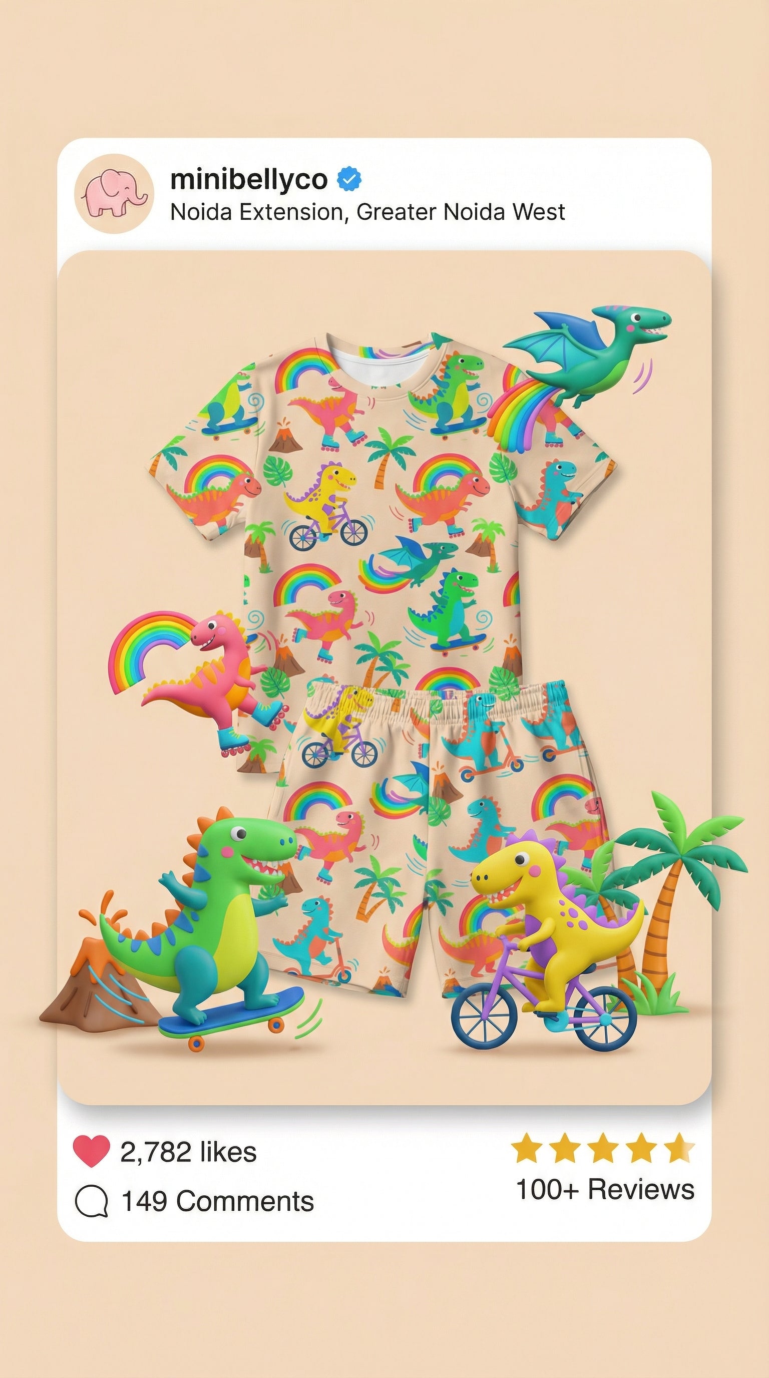 MiniBelly Night Suit Cute colorful dinosaurs riding vehicles with rainbows and tropical elements 100% Cotton - minibelly