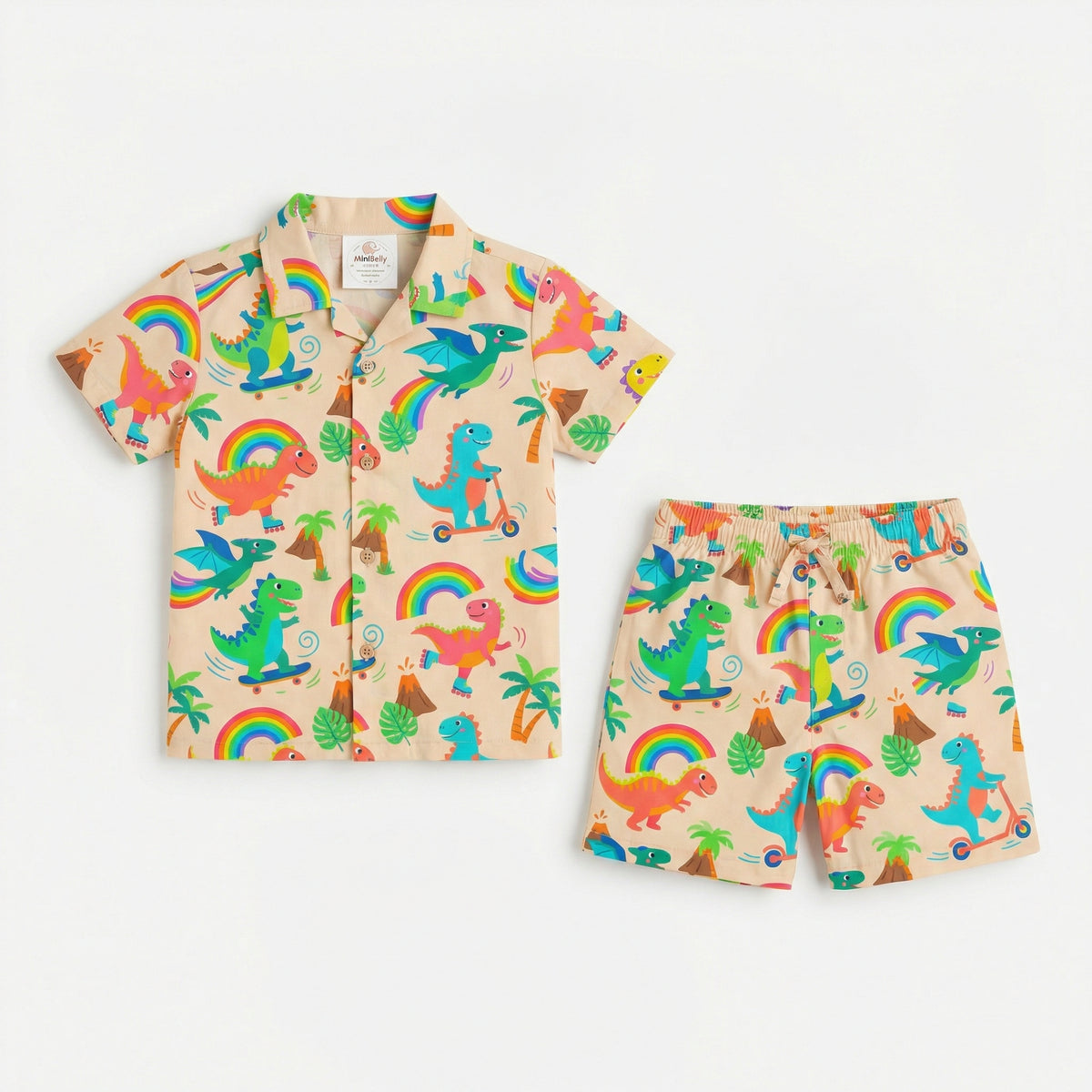 MiniBelly Night Suit Cute colorful dinosaurs riding vehicles with rainbows and tropical elements 100% Cotton - minibelly