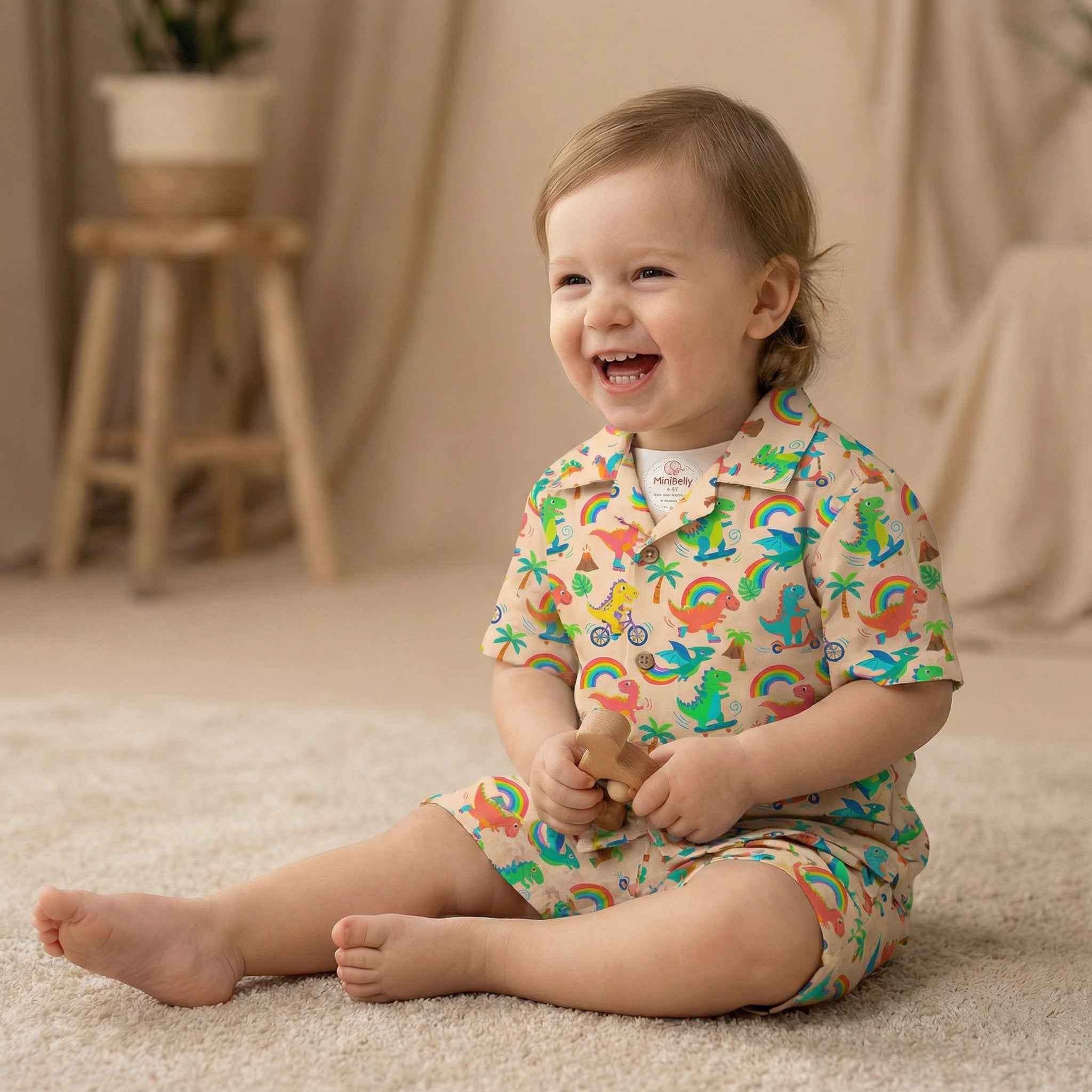 MiniBelly Night Suit Cute colorful dinosaurs riding vehicles with rainbows and tropical elements 100% Cotton - minibelly