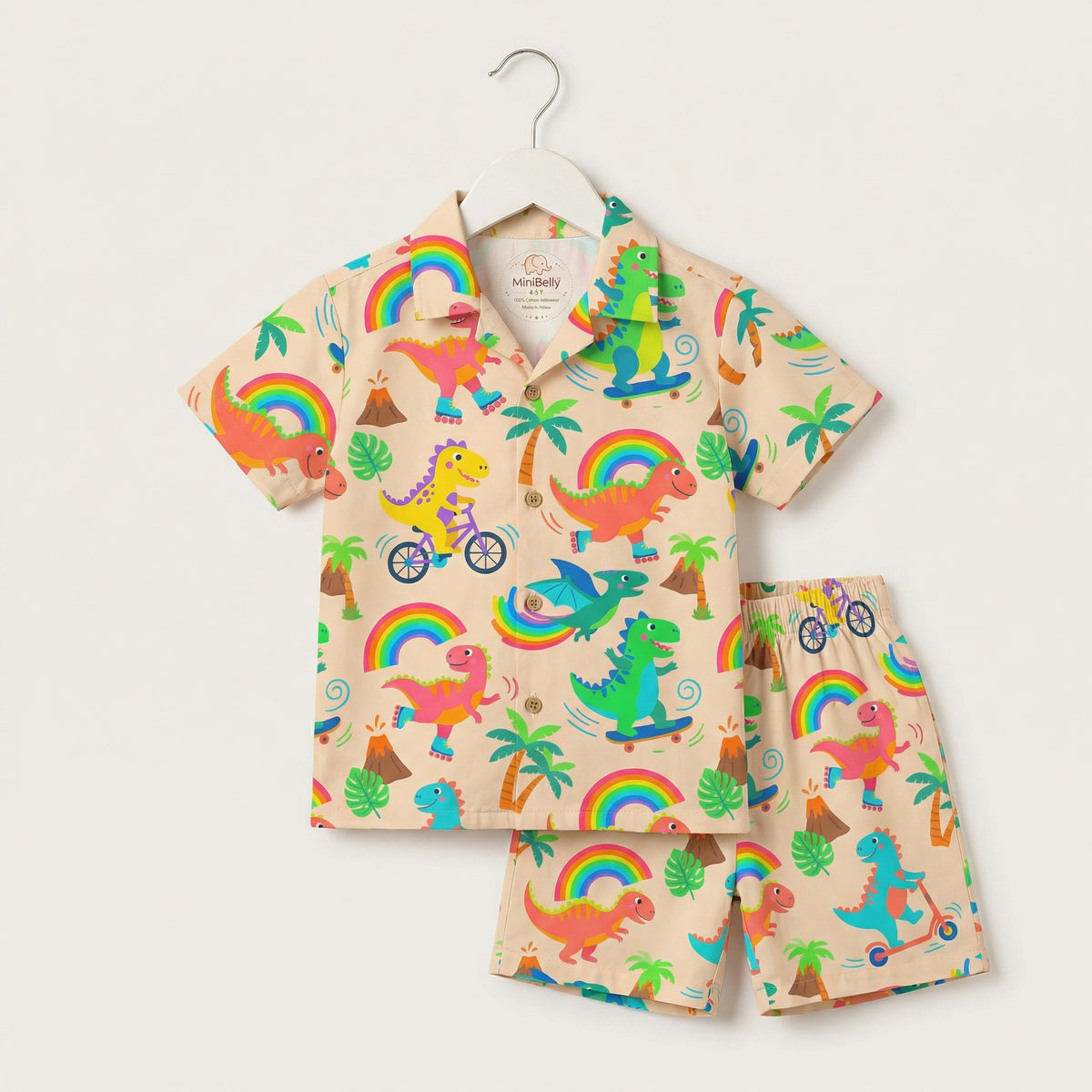 MiniBelly Night Suit Cute colorful dinosaurs riding vehicles with rainbows and tropical elements 100% Cotton - minibelly