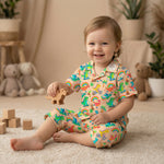 MiniBelly Night Suit Cute colorful dinosaurs riding vehicles with rainbows and tropical elements 100% Cotton - minibelly