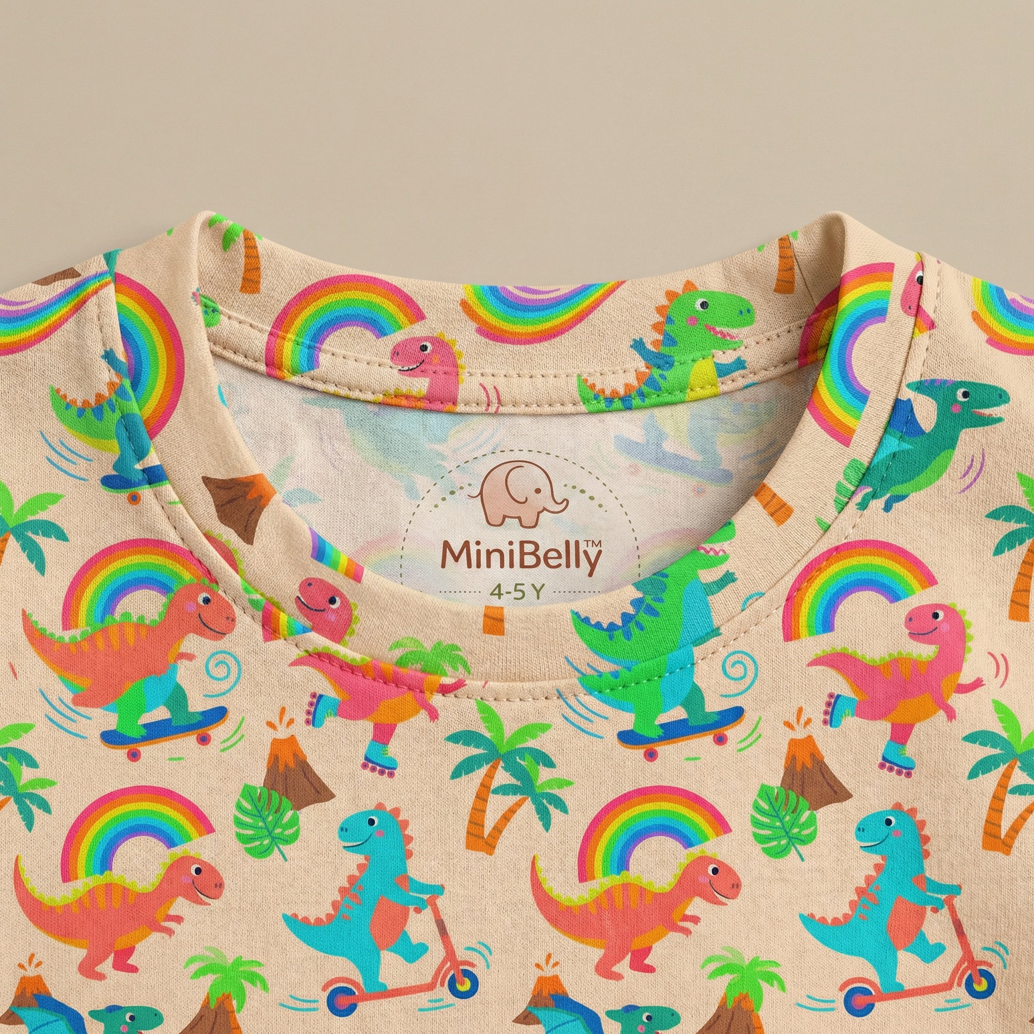 MiniBelly Night Suit Cute colorful dinosaurs riding vehicles with rainbows and tropical elements 100% Cotton - minibelly