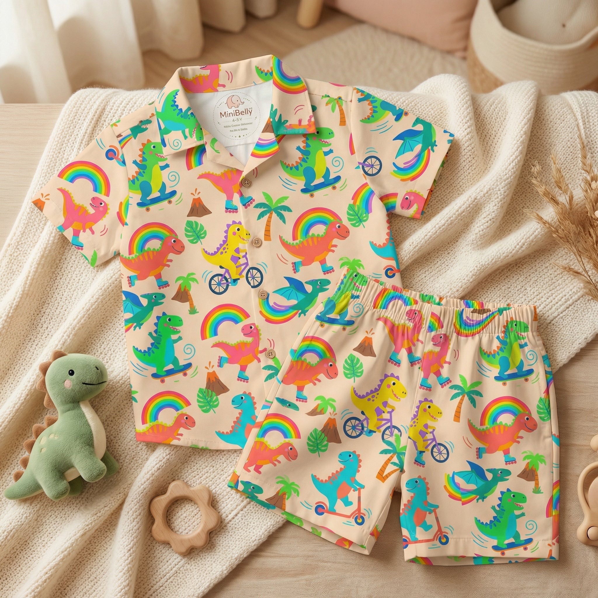 MiniBelly Night Suit Cute colorful dinosaurs riding vehicles with rainbows and tropical elements 100% Cotton - minibelly