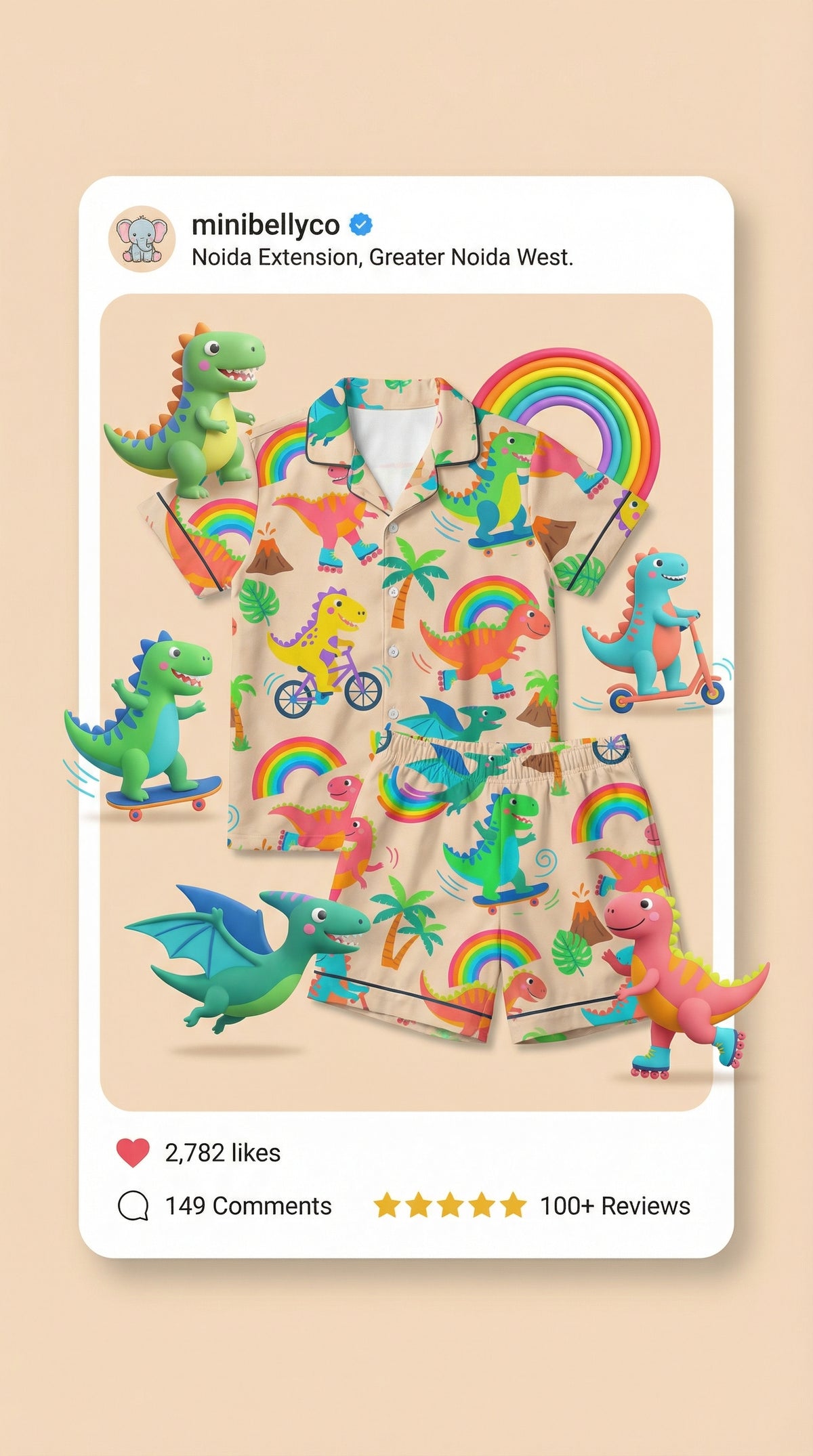 MiniBelly Night Suit Cute colorful dinosaurs riding vehicles with rainbows and tropical elements 100% Cotton - minibelly