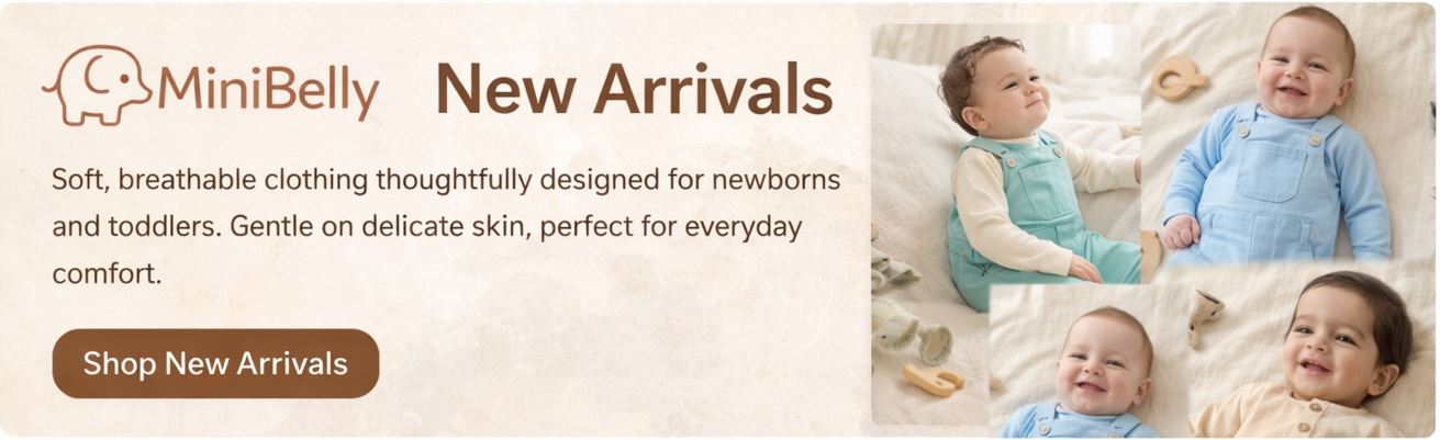 Advertisement for MiniBelly newborn and toddler clothing with images of babies and text about the brand.